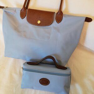Longchamp Le Pliage Tote, light blue with leather trim with smaller matching bag